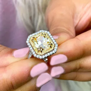 Huge Women's 14k solid white and yellow gold Light Fancy Yellow Radiant simulated and round cut natural diamond engagement ring Halo 6.00ct