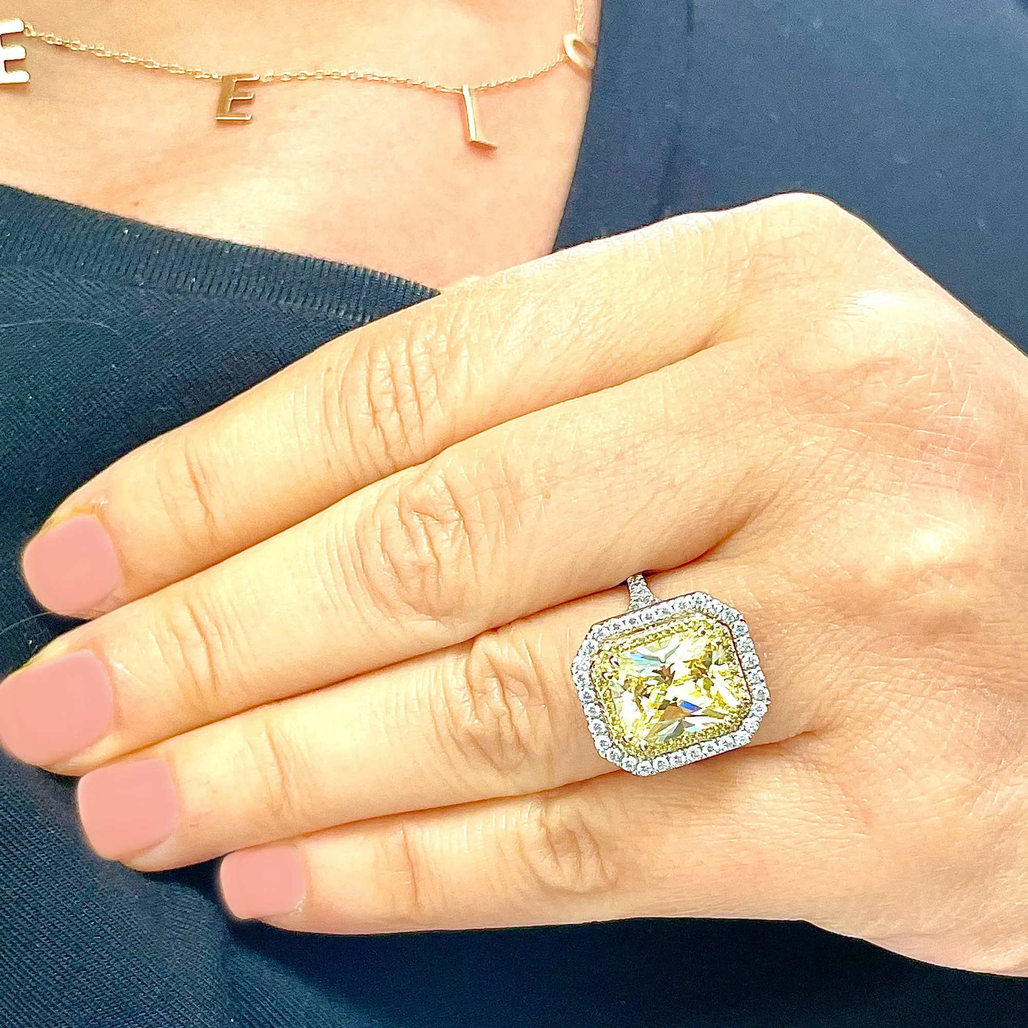 Huge Women's 14k solid white and yellow gold Light Fancy Yellow Radiant simulated and round cut natural diamond engagement ring Halo 6.00ct
