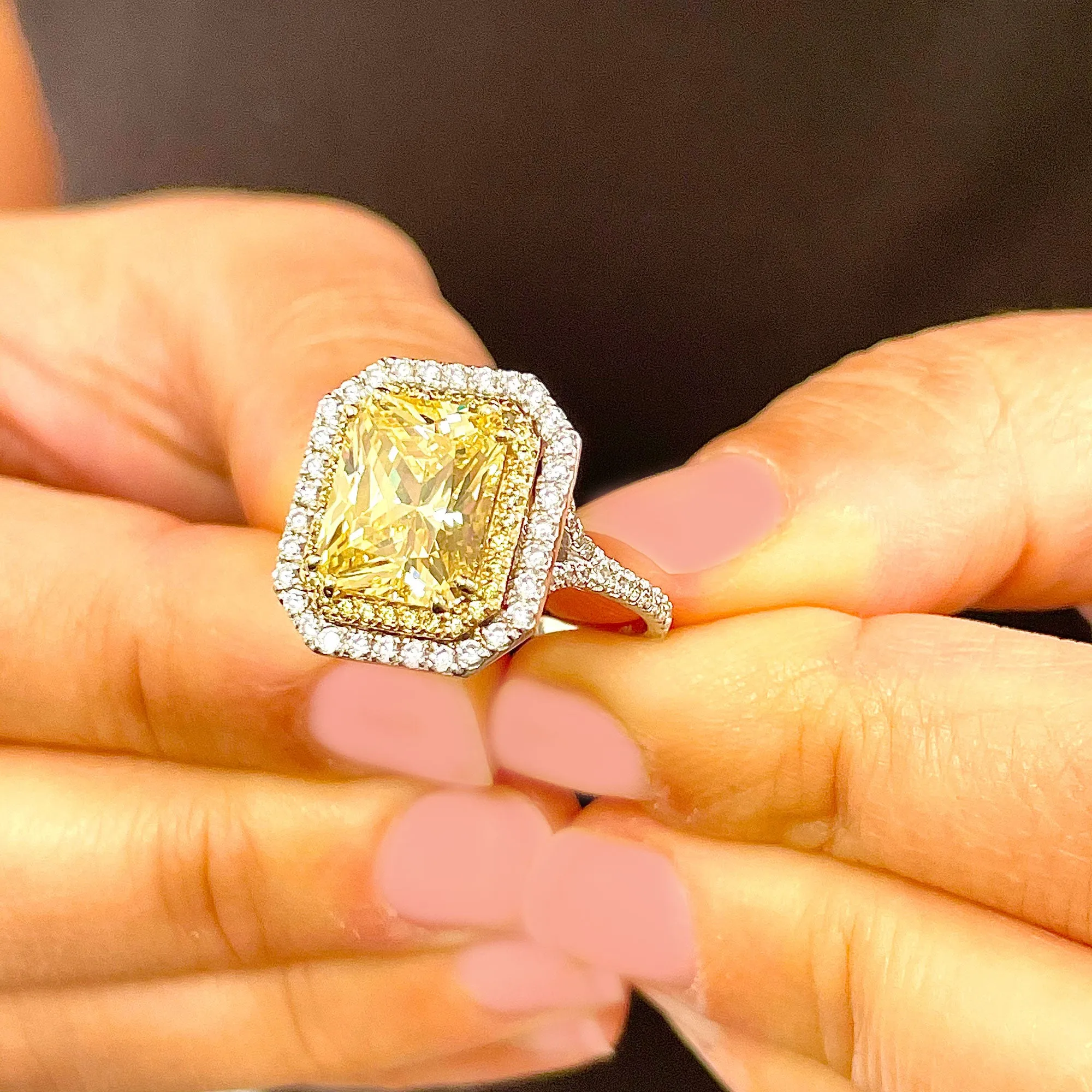 Huge Women's 14k solid white and yellow gold Light Fancy Yellow Radiant simulated and round cut natural diamond engagement ring Halo 6.00ct