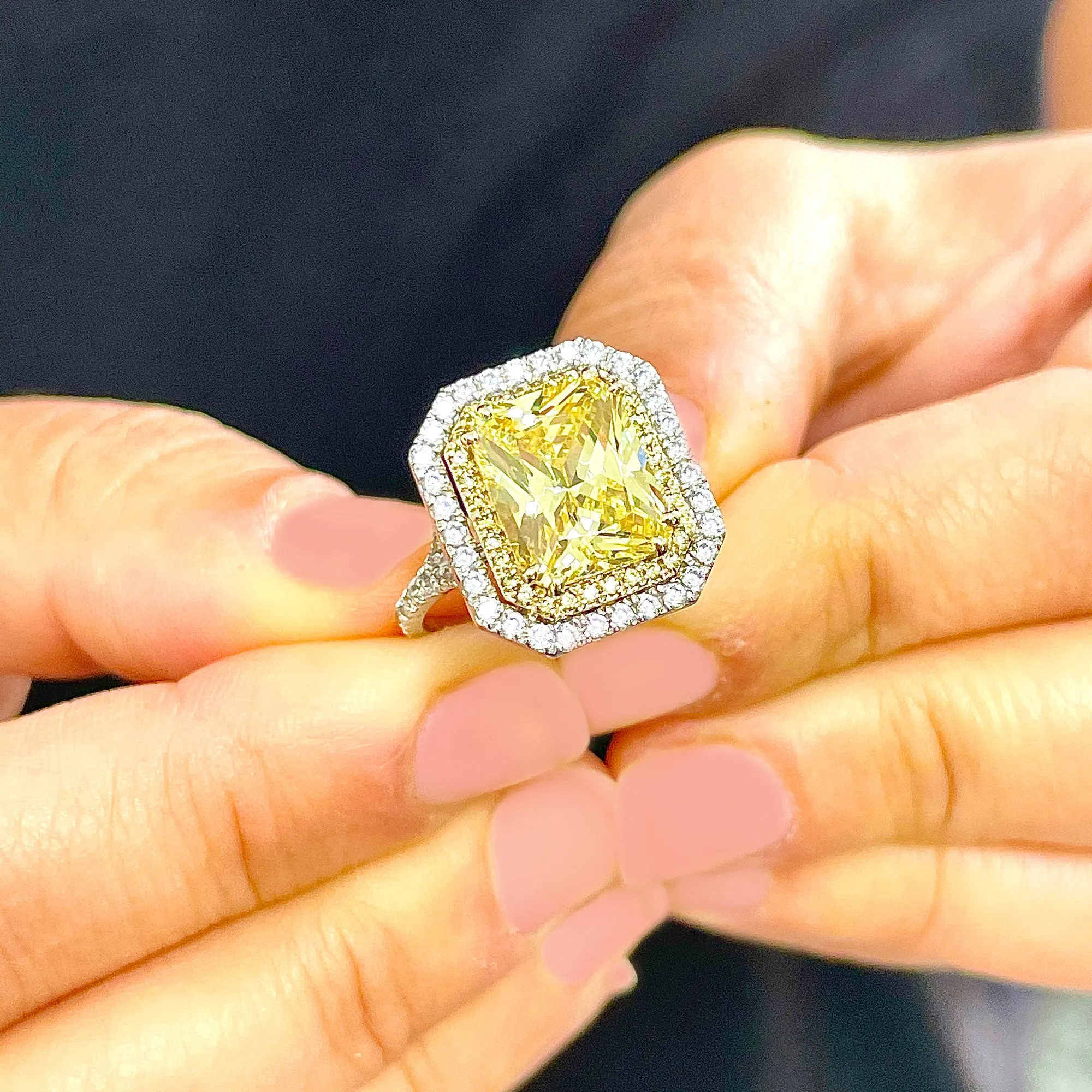Huge Women's 14k solid white and yellow gold Light Fancy Yellow Radiant simulated and round cut natural diamond engagement ring Halo 6.00ct