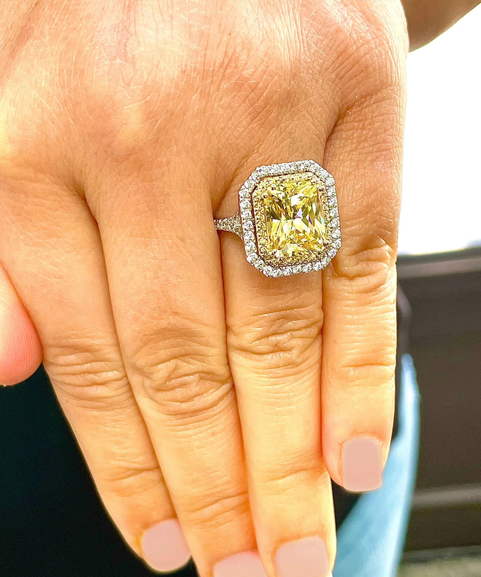 Huge Women's 14k solid white and yellow gold Light Fancy Yellow Radiant simulated and round cut natural diamond engagement ring Halo 6.00ct
