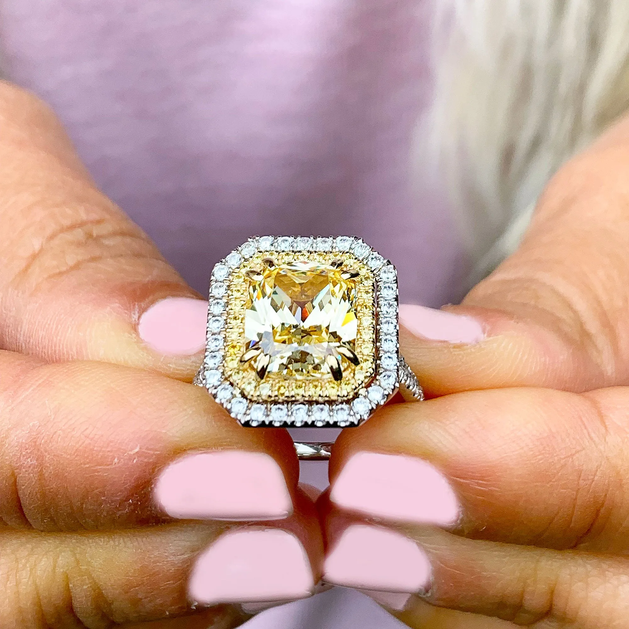 Huge Women's 14k solid white and yellow gold Light Fancy Yellow Radiant simulated and round cut natural diamond engagement ring Halo 6.00ct