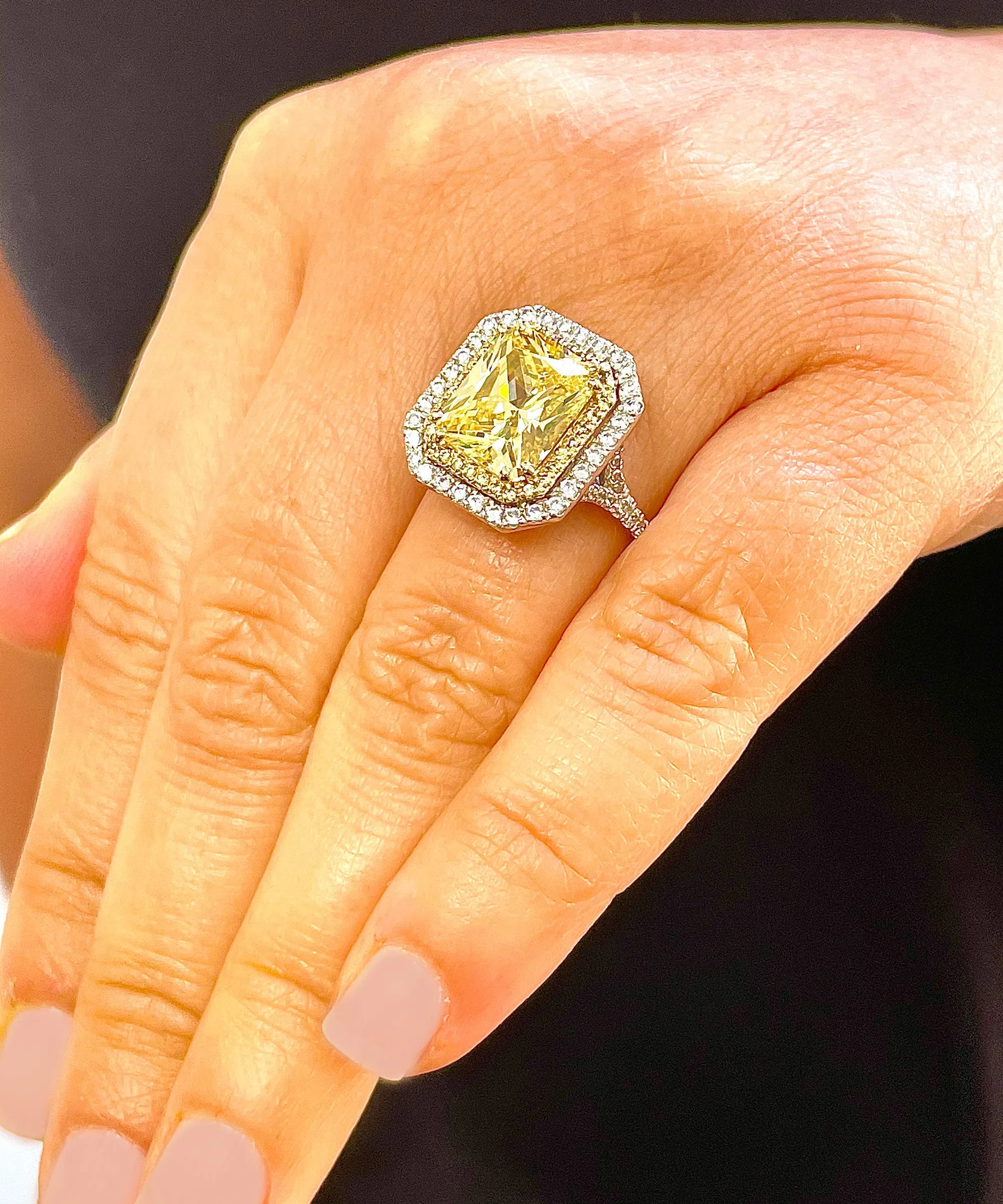 Huge Women's 14k solid white and yellow gold Light Fancy Yellow Radiant simulated and round cut natural diamond engagement ring Halo 6.00ct