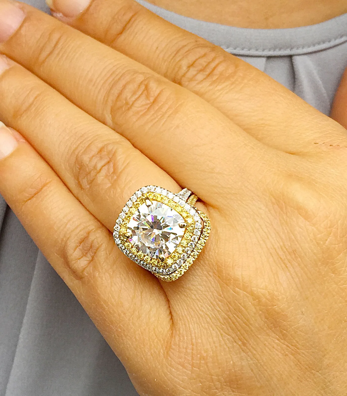 Huge Women's 14k solid white gold cushion cut forever one moissanite and natural diamond engagement ring and Band Bridal Wedding Halo 6.80ct