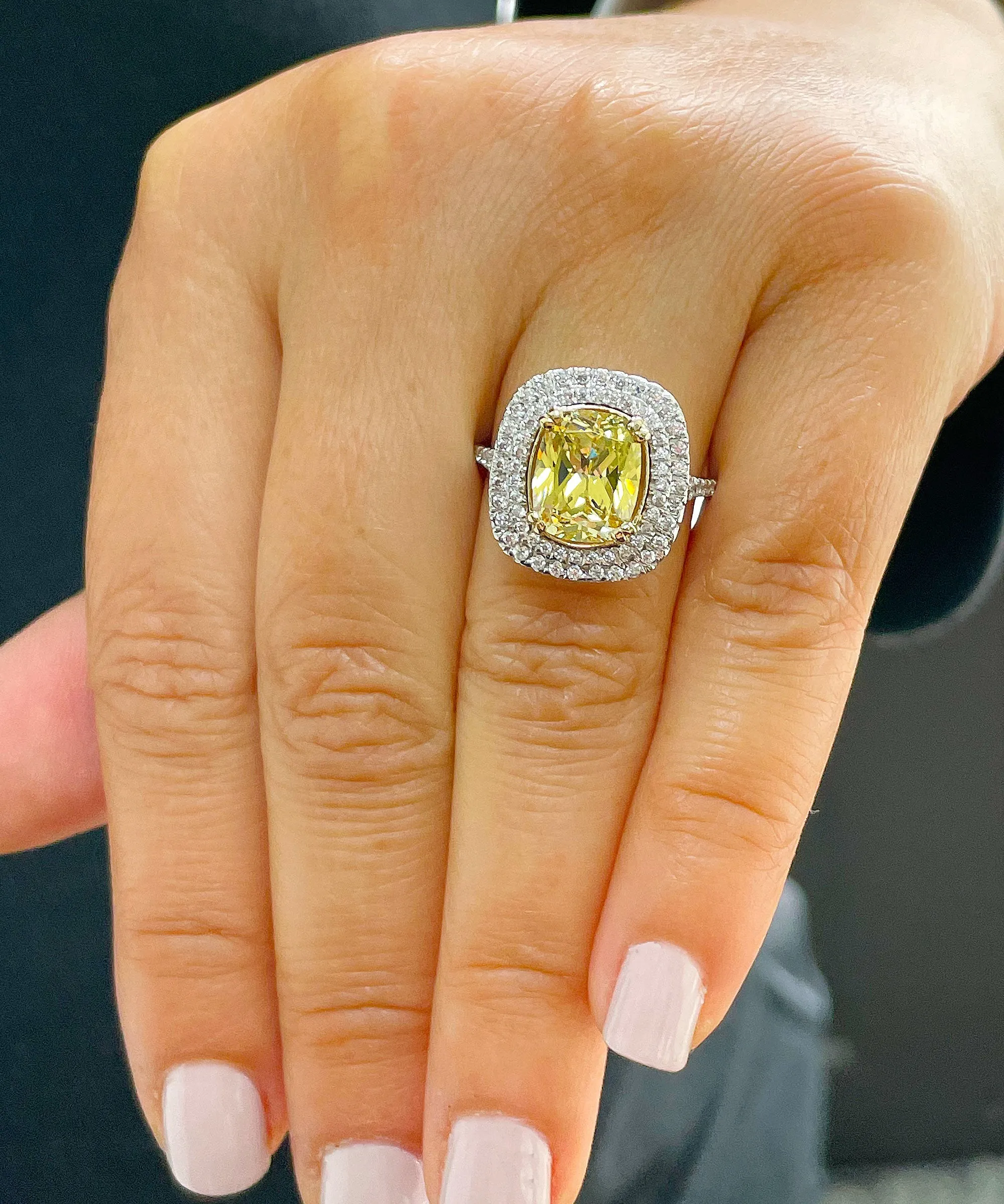 Huge Women's 14k solid white gold Fancy Yellow Cushion simulated and round cut natural diamond engagement ring Halo 4.20ct
