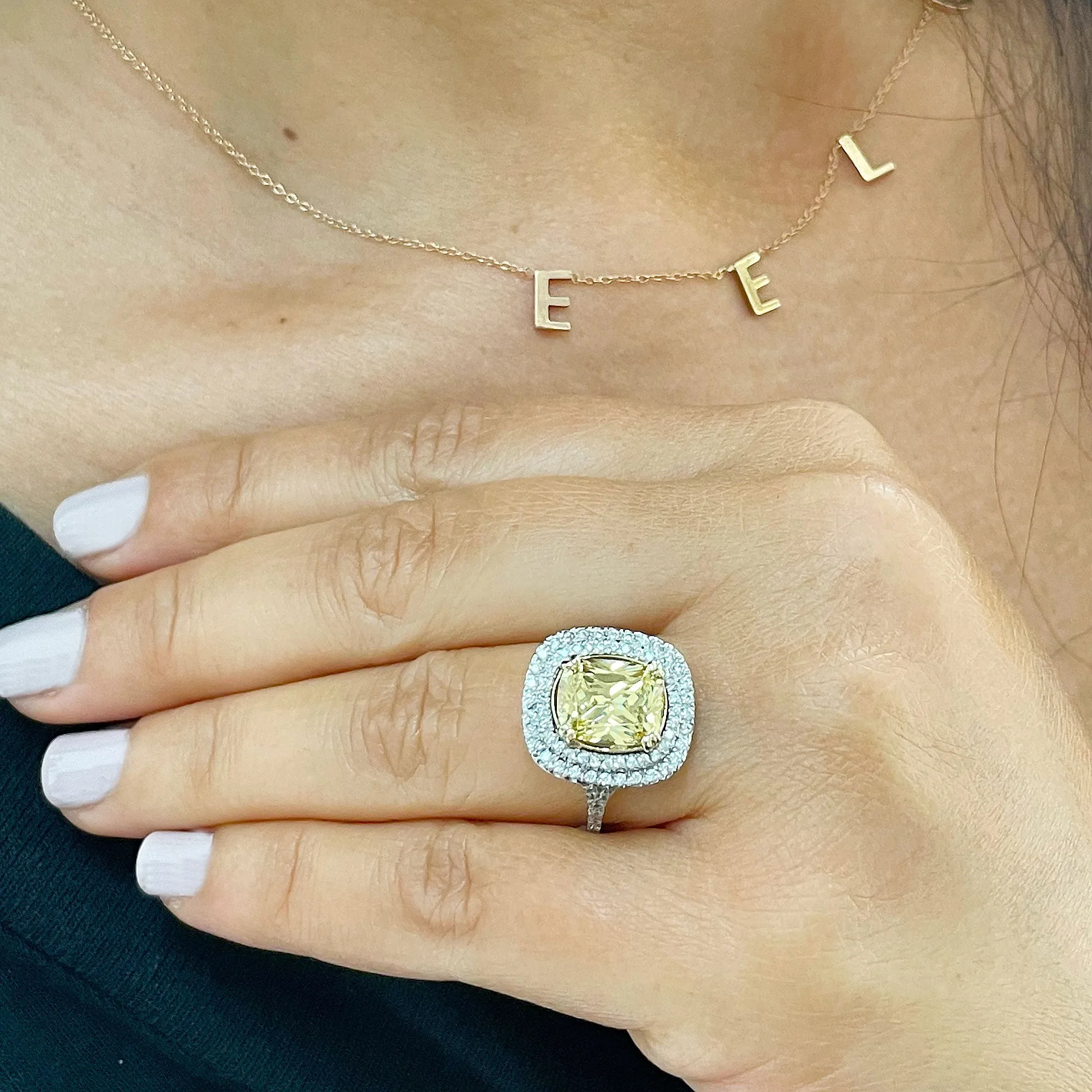 Huge Women's 14k solid white gold Fancy Yellow Cushion simulated and round cut natural diamond engagement ring Halo 4.20ct