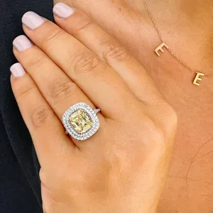 Huge Women's 14k solid white gold Fancy Yellow Cushion simulated and round cut natural diamond engagement ring Halo 4.20ct