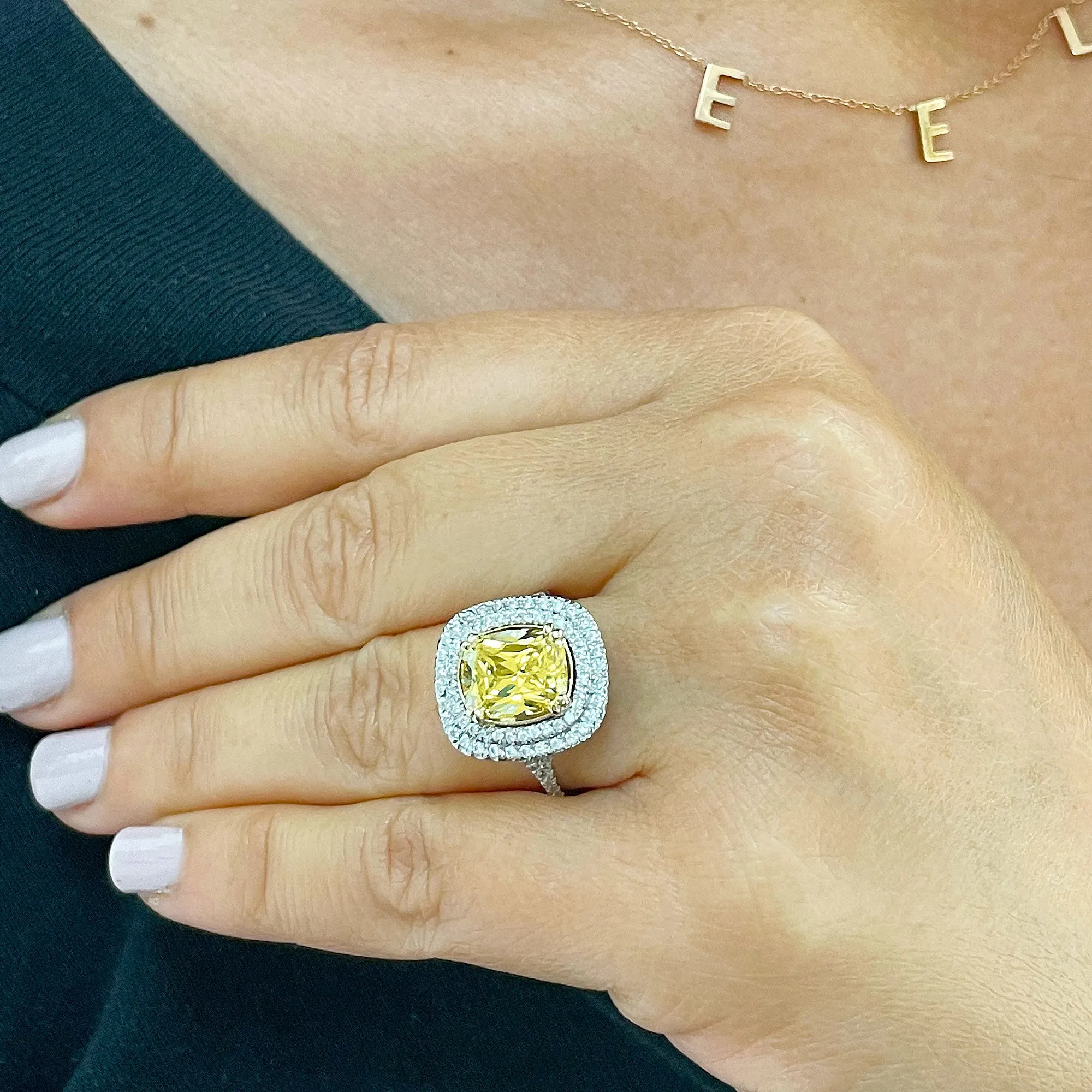 Huge Women's 14k solid white gold Fancy Yellow Cushion simulated and round cut natural diamond engagement ring Halo 4.20ct
