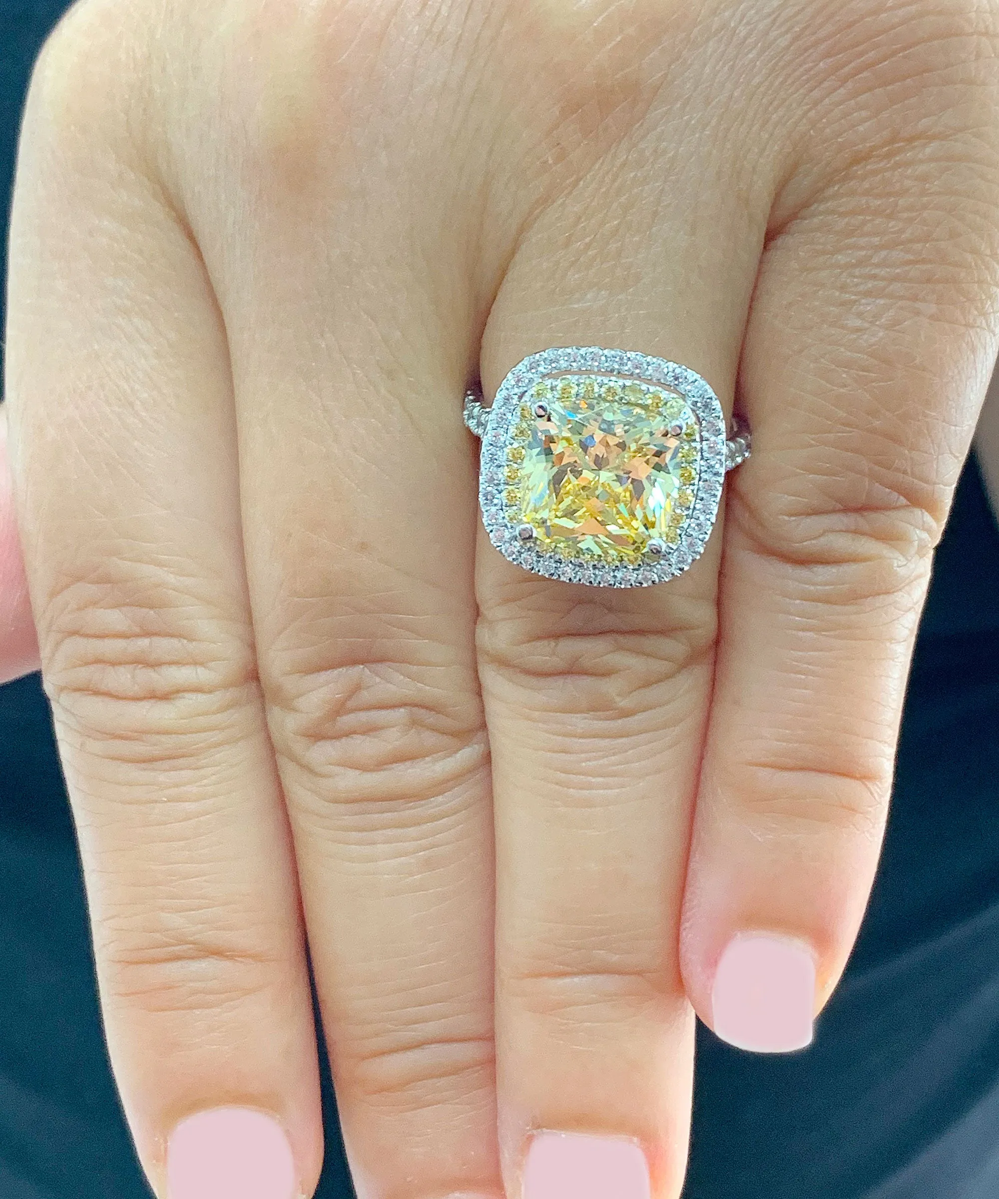 Huge Women's 14k solid white gold Fancy Yellow Cushion simulated and round cut natural diamond engagement ring Halo 5.70ct