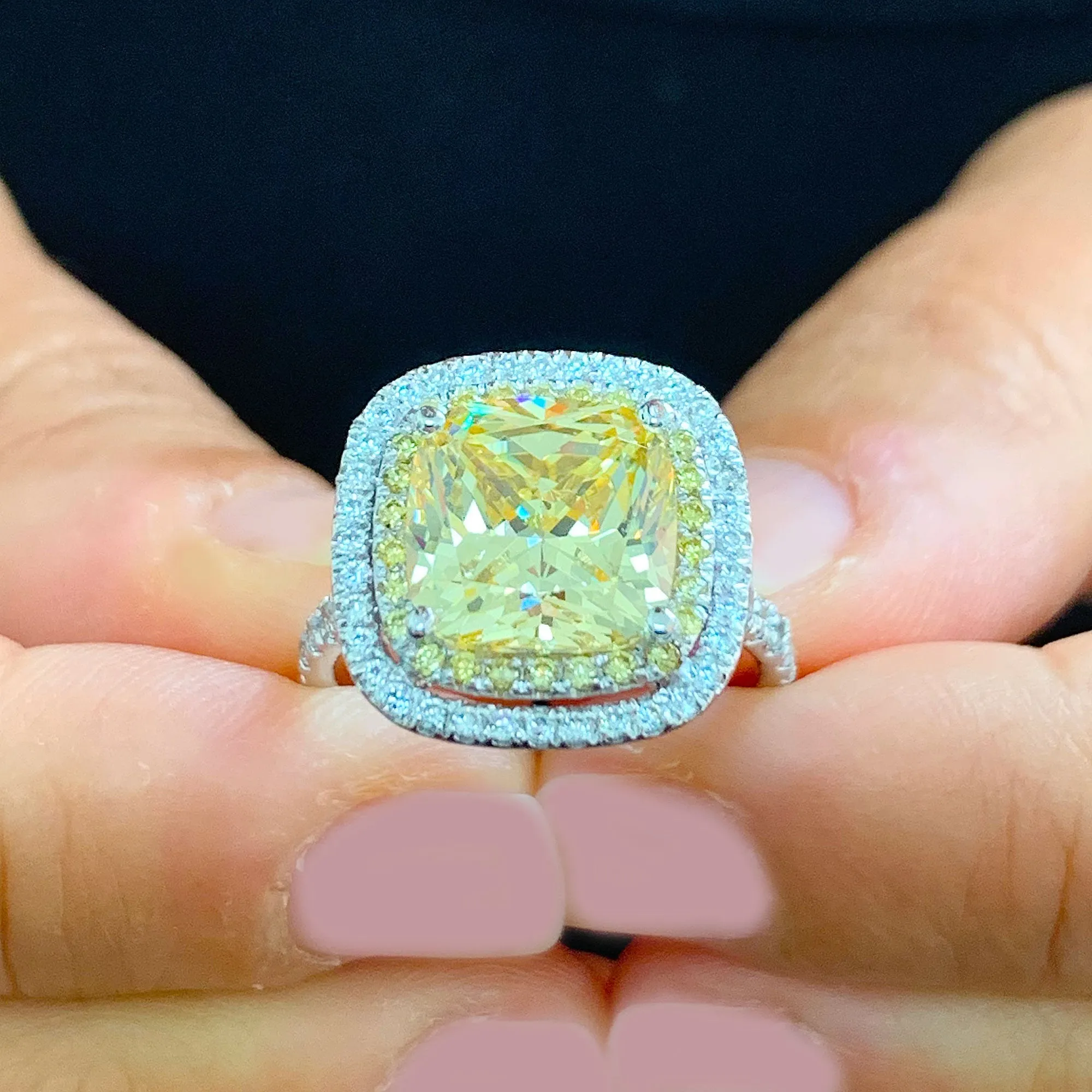 Huge Women's 14k solid white gold Fancy Yellow Cushion simulated and round cut natural diamond engagement ring Halo 5.70ct