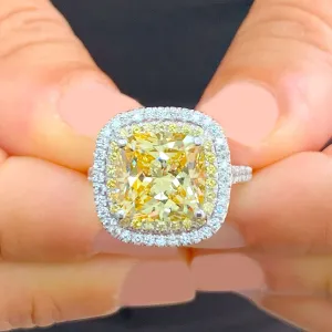 Huge Women's 14k solid white gold Fancy Yellow Cushion simulated and round cut natural diamond engagement ring Halo 5.70ct