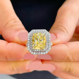 Huge Women's 14k solid white gold Light Fancy Yellow Radiant simulated and round cut natural diamond engagement ring Halo 6.00ct