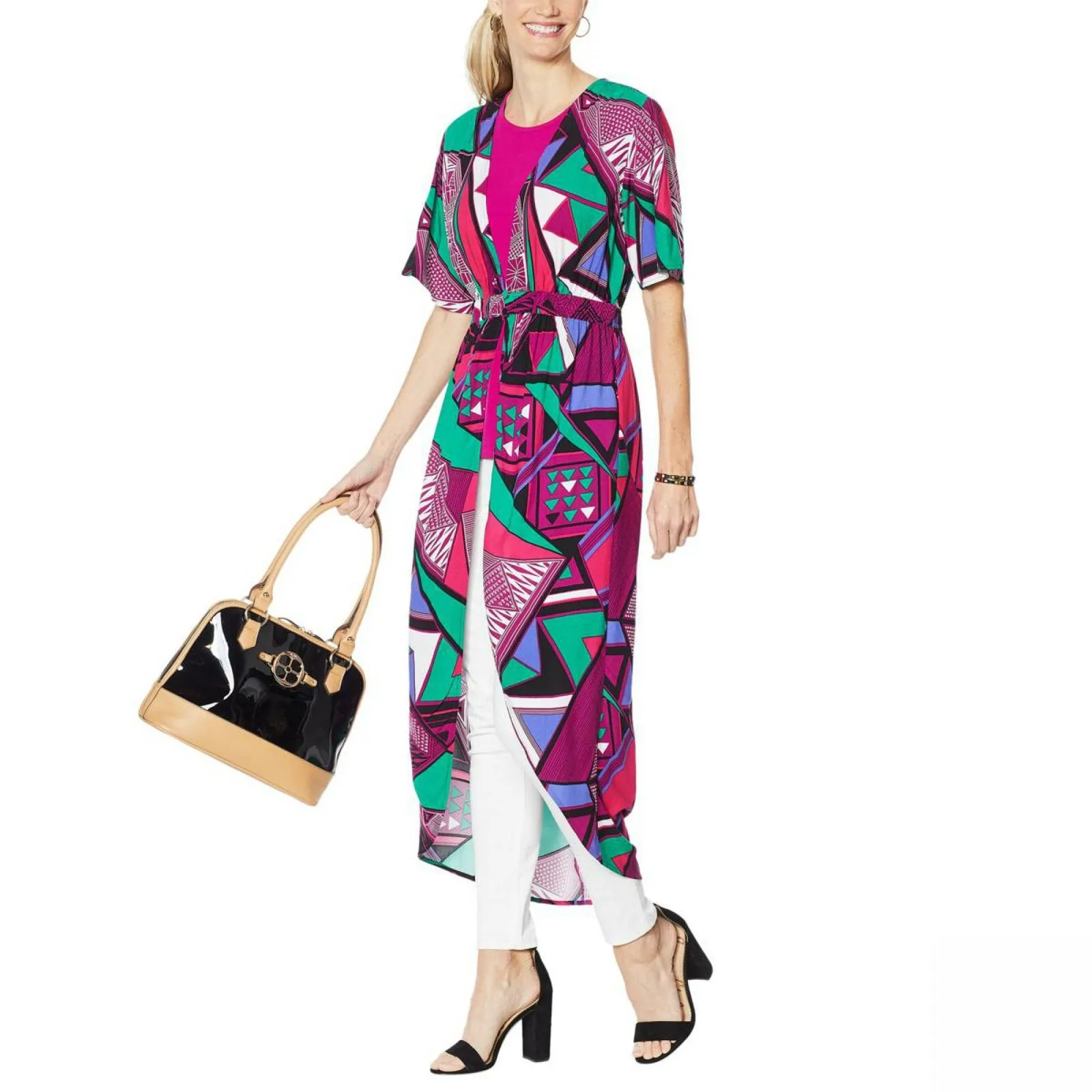 IMAN Women's Petite City Chic Printed Empire Waist Duster
