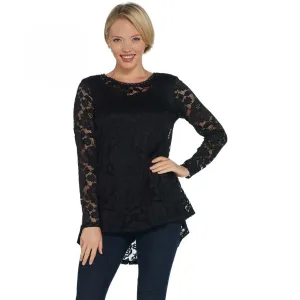 Isaac Mizrahi Live! Women's Stretch Lace Hi Low Pleat Back Top Black XS
