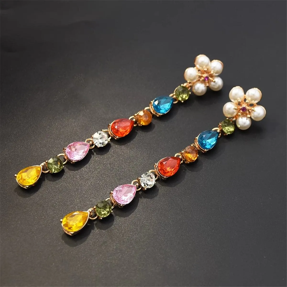 Jewel-Tone Crystal & Pearl 18K Gold-Plated String Drop Earrings