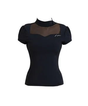 J.Jane Heart Neck See-Through Half Sleeve T-Shirt - Black