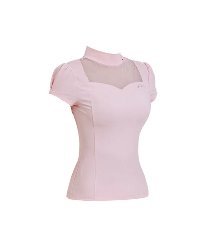 J.Jane Heart Neck See-Through Half Sleeve T-Shirt - Pink