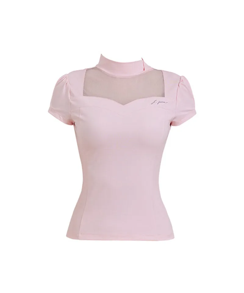 J.Jane Heart Neck See-Through Half Sleeve T-Shirt - Pink