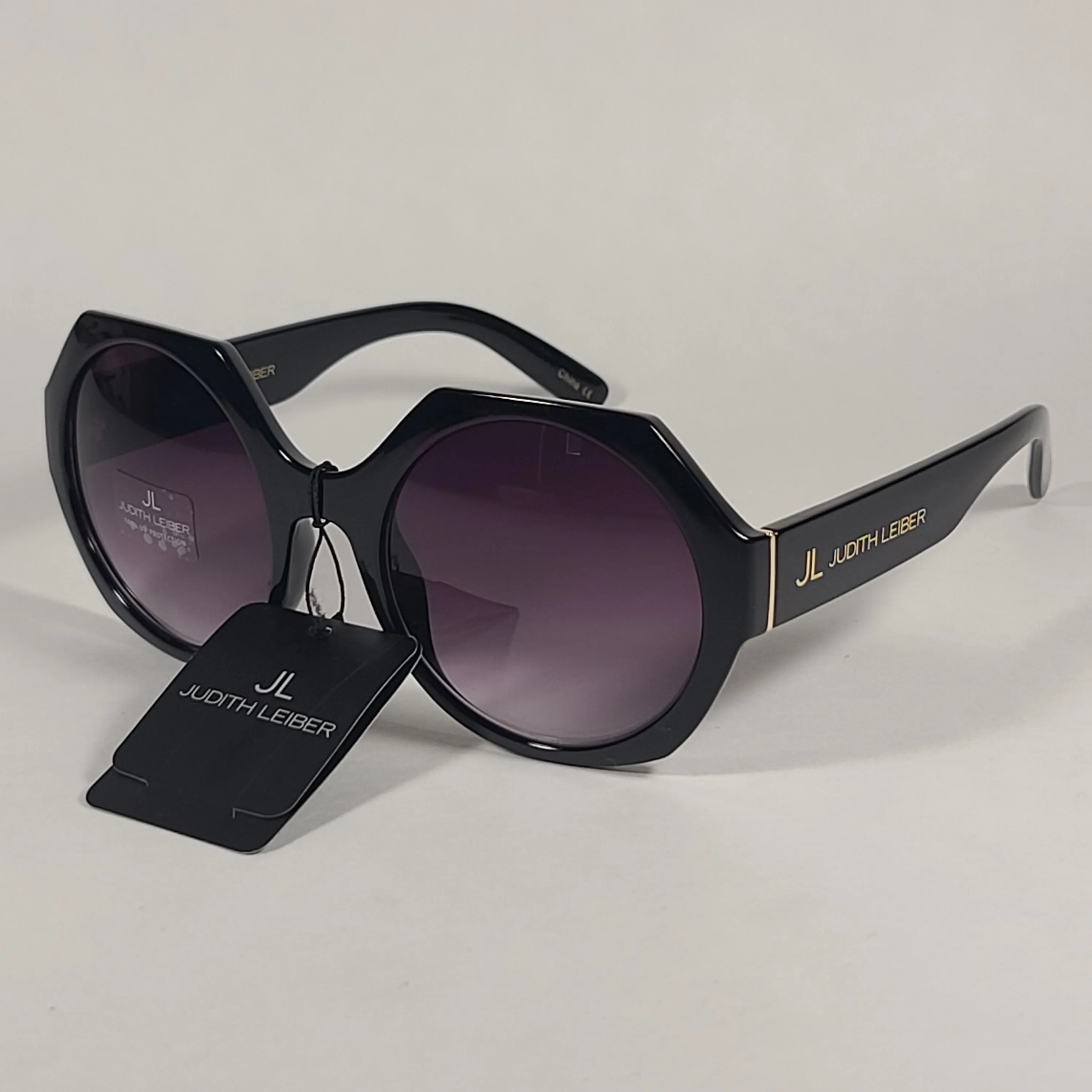JL By Judith Leiber Fushia Polygon Sunglasses Shiny Black Smoke Gradient Lens