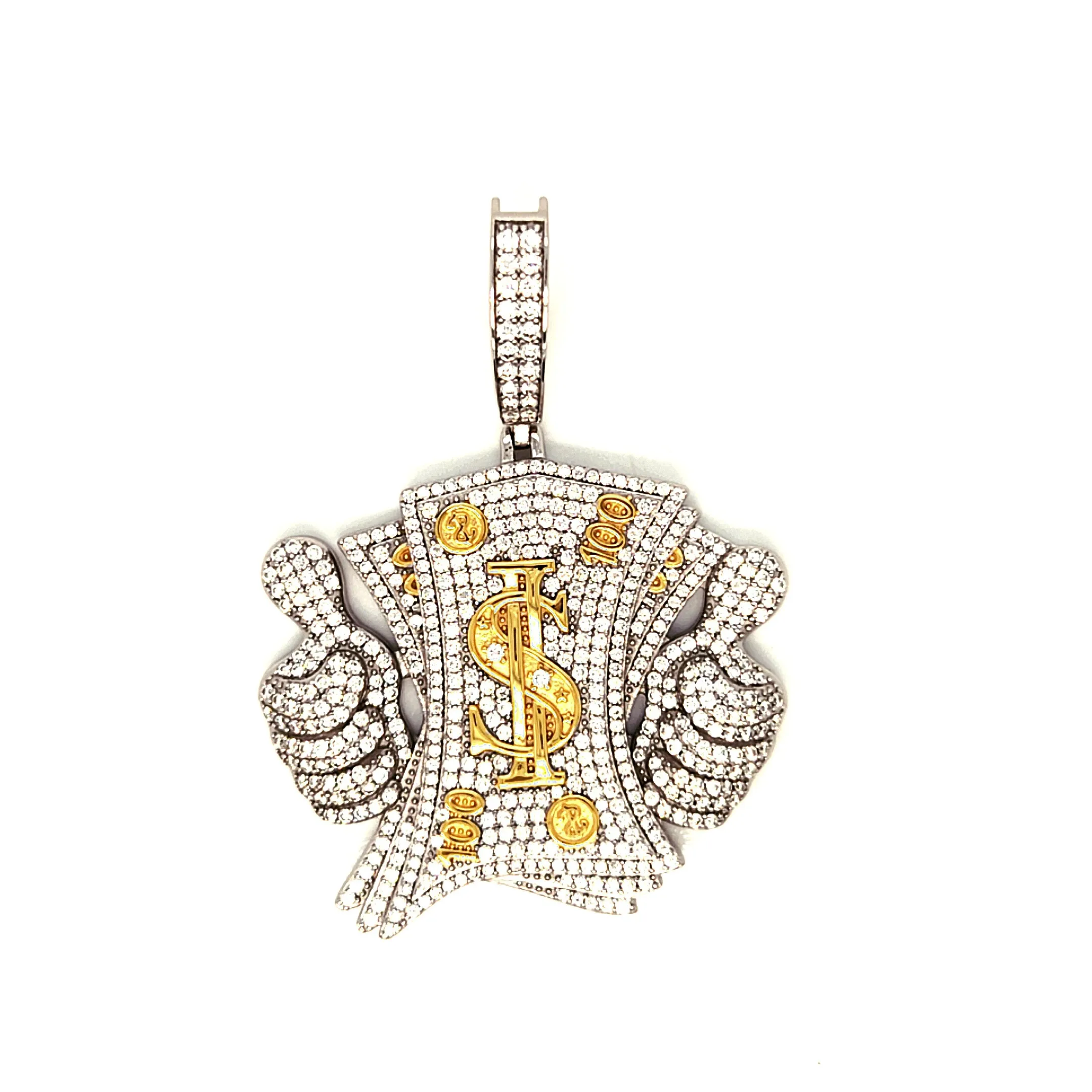 Lab-Created Moissanite Like Money Dollars Two Tone 14k Gold Plated and Sterling 925 Pendant Charm - M400119