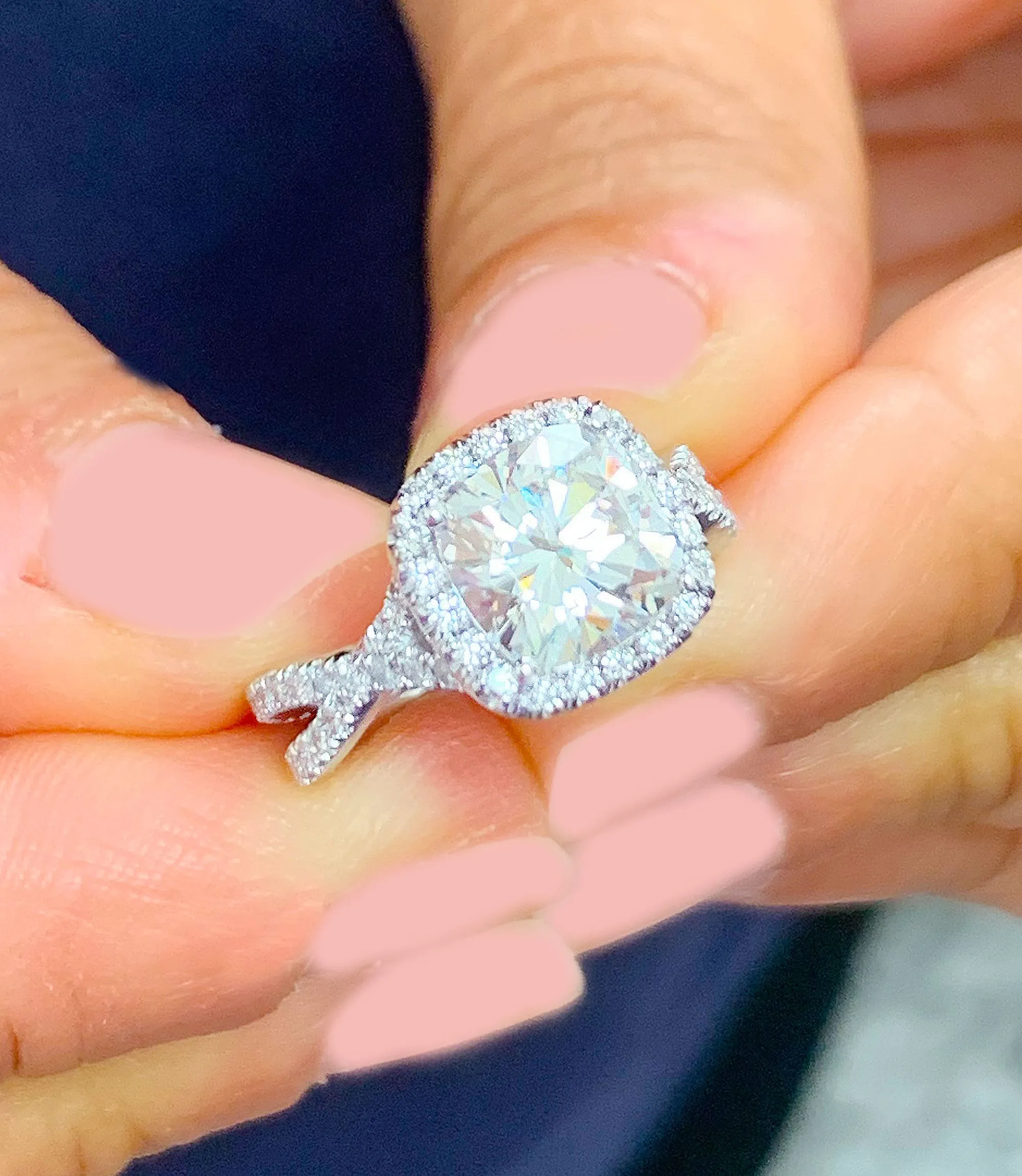 Large 2.65Ctw Women's 14k solid white gold cushion cut moissanite and natural diamond engagement ring Bridal Wedding Halo