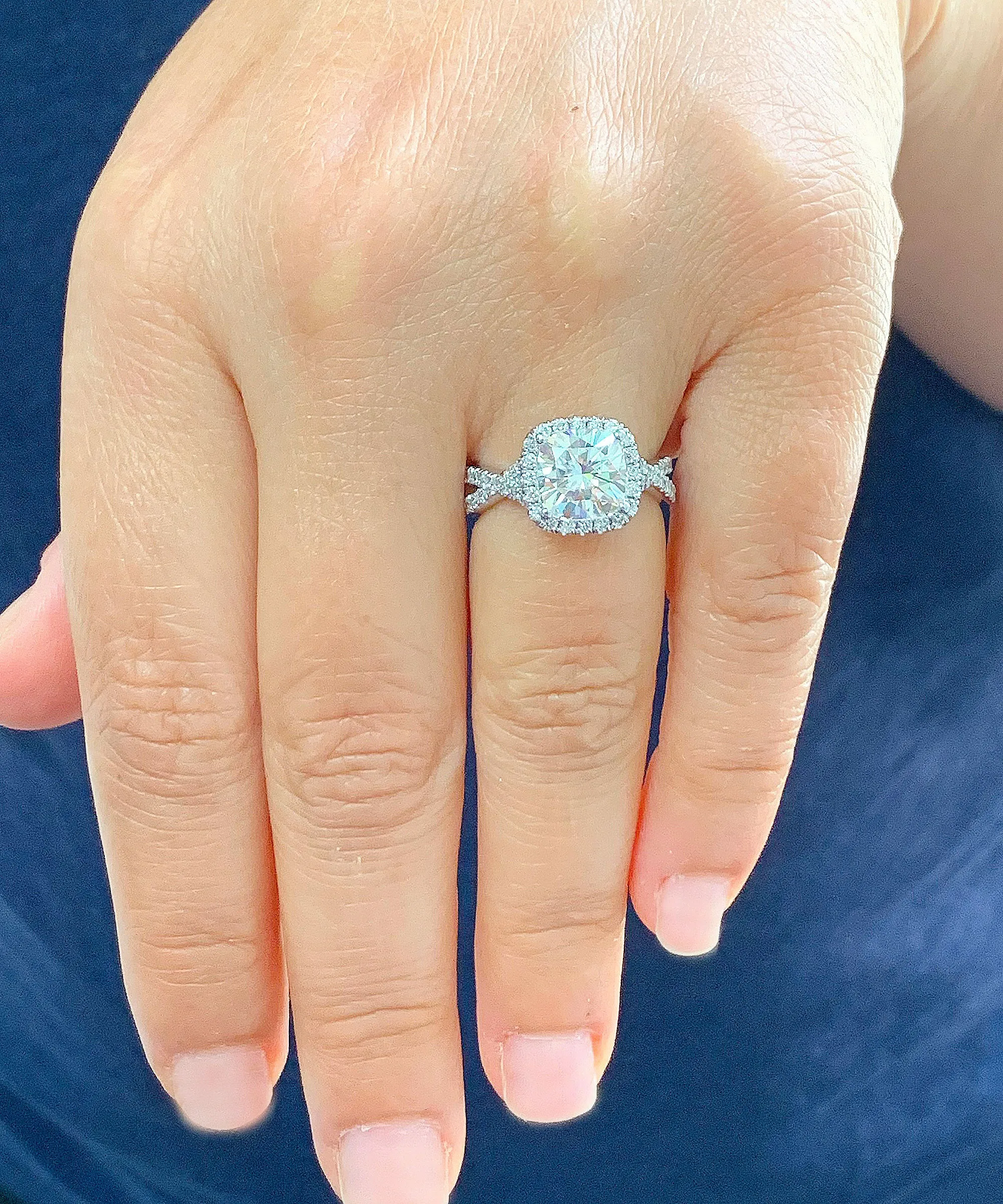 Large 2.65Ctw Women's 14k solid white gold cushion cut moissanite and natural diamond engagement ring Bridal Wedding Halo