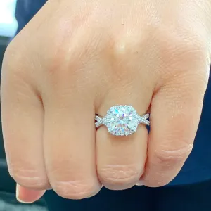 Large 2.65Ctw Women's 14k solid white gold cushion cut moissanite and natural diamond engagement ring Bridal Wedding Halo