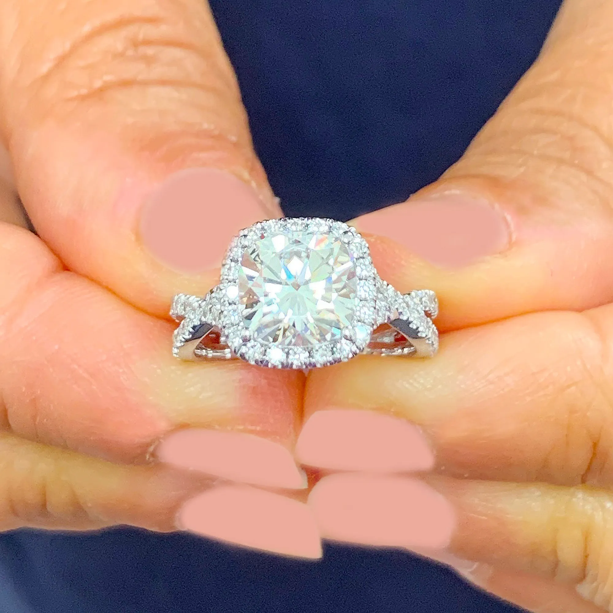 Large 2.65Ctw Women's 14k solid white gold cushion cut moissanite and natural diamond engagement ring Bridal Wedding Halo