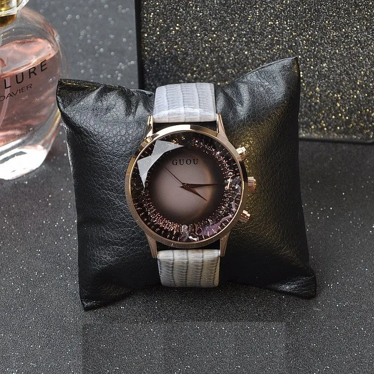 Large Dial Gray Leather Strap Women's Watch