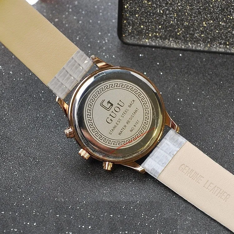Large Dial Gray Leather Strap Women's Watch