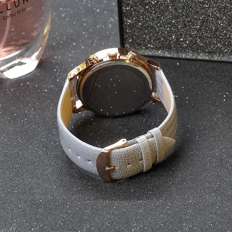 Large Dial Gray Leather Strap Women's Watch