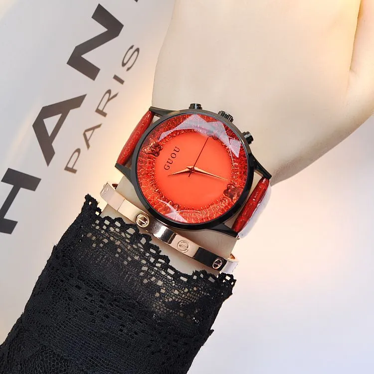 Large Dial Leather Strap Women's Watch