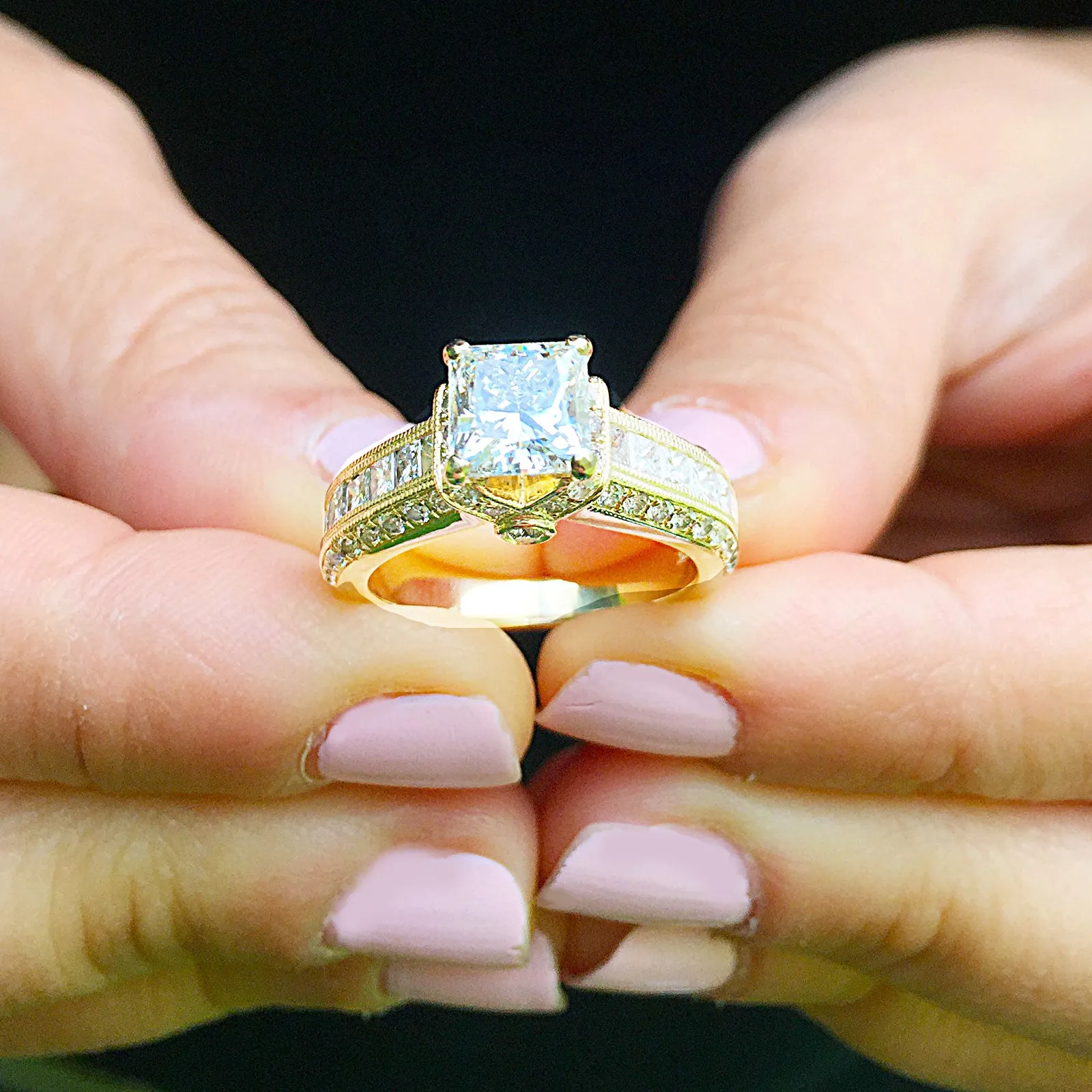 Large Heavy Women's 14k solid yellow gold princess cut forever one moissanite and natural diamond engagement ring Bridal Wedding 2.00ct