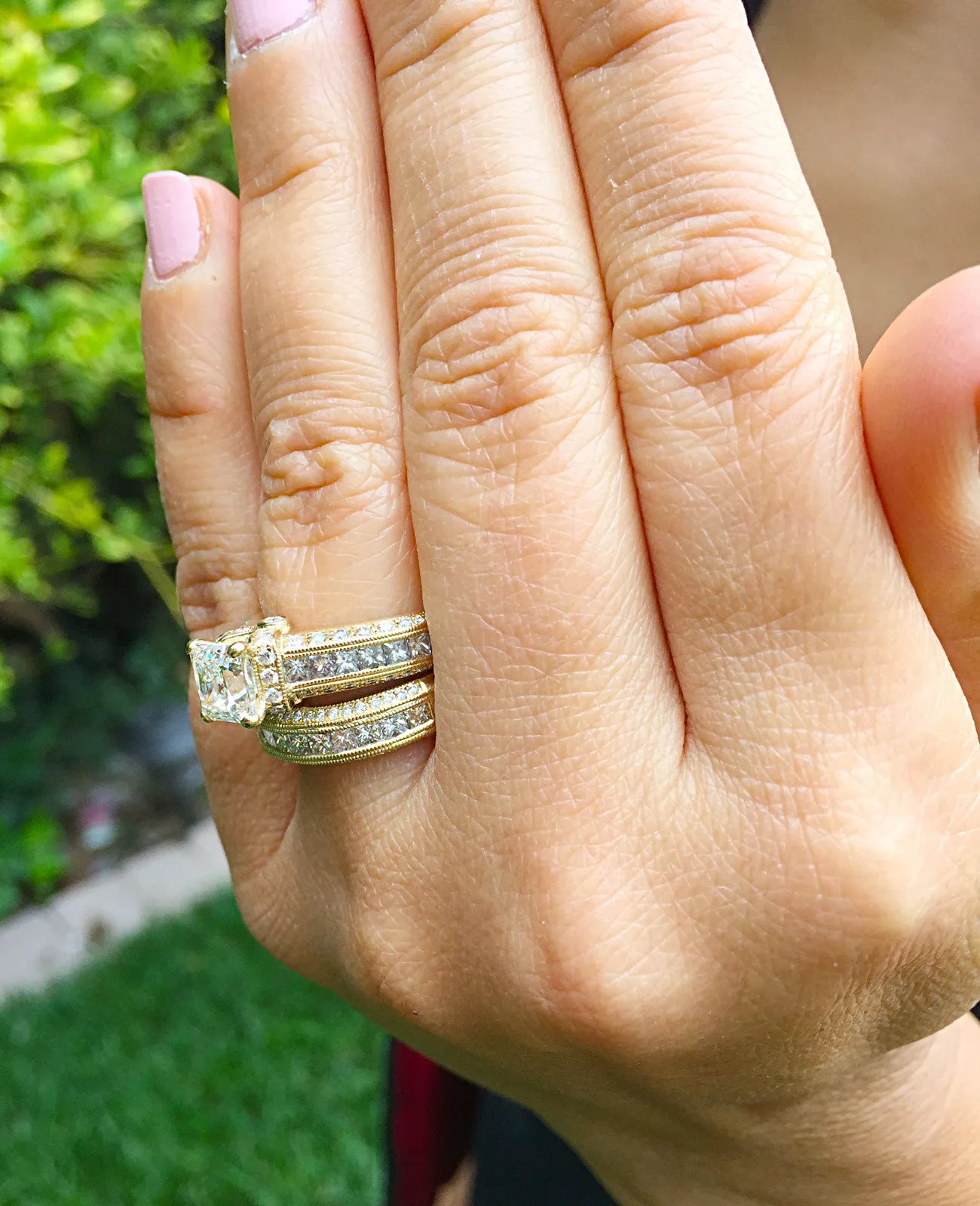 Large Heavy Women's 14k solid yellow gold princess cut moissanite and natural diamond engagement ring Bridal Wedding 3.50ct