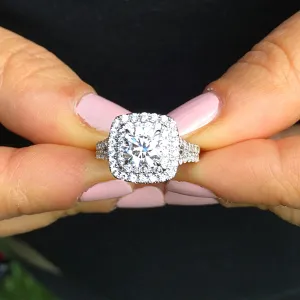 Large Women's 14k solid white gold cushion cut forever one moissanite and natural diamond engagement ring Bridal Wedding Halo 2.30ctw