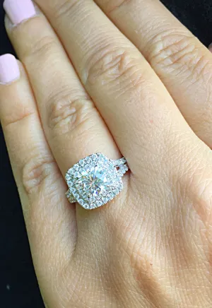 Large Women's 14k solid white gold cushion cut forever one moissanite and natural diamond engagement ring Bridal Wedding Halo 2.80ct