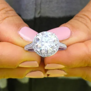 Large Women's 14K White Gold Round Cut Moissanite Diamond Engagement Ring Halo Prong Bridal Wedding Halo Natural Diamonds 3.50ctw