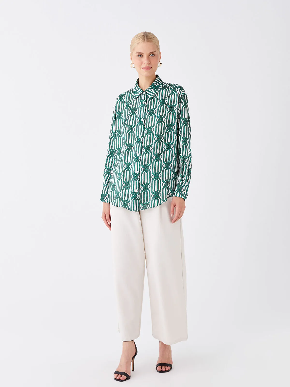 LCW Vision Patterned Long Sleeve Oversize Women's Satin Shirt