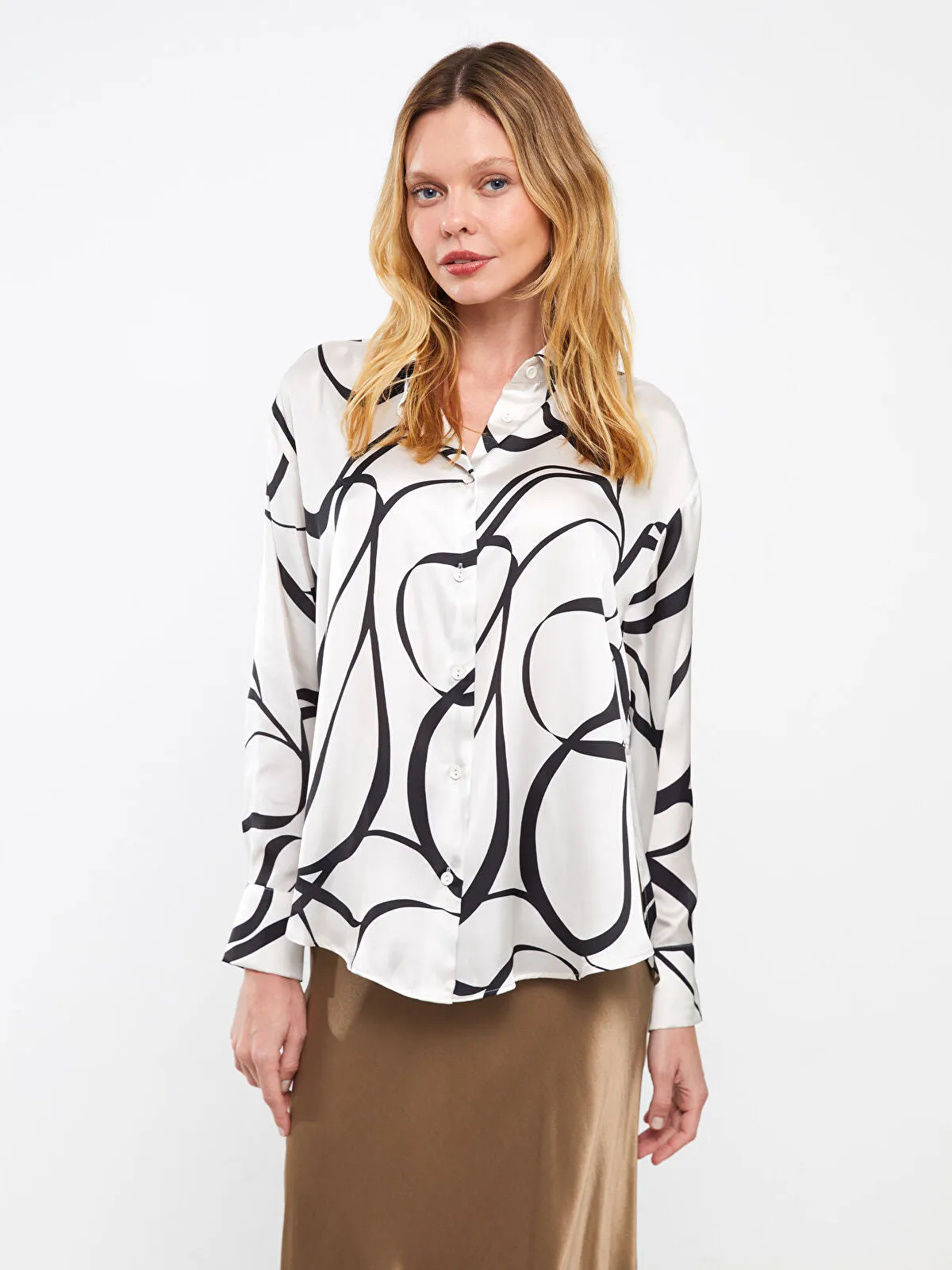 LCW Vision Patterned Long Sleeve Oversize Women's Satin Shirt