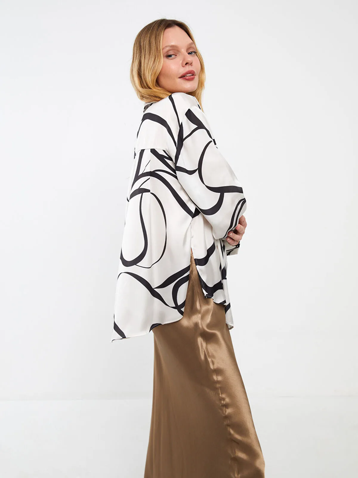 LCW Vision Patterned Long Sleeve Oversize Women's Satin Shirt