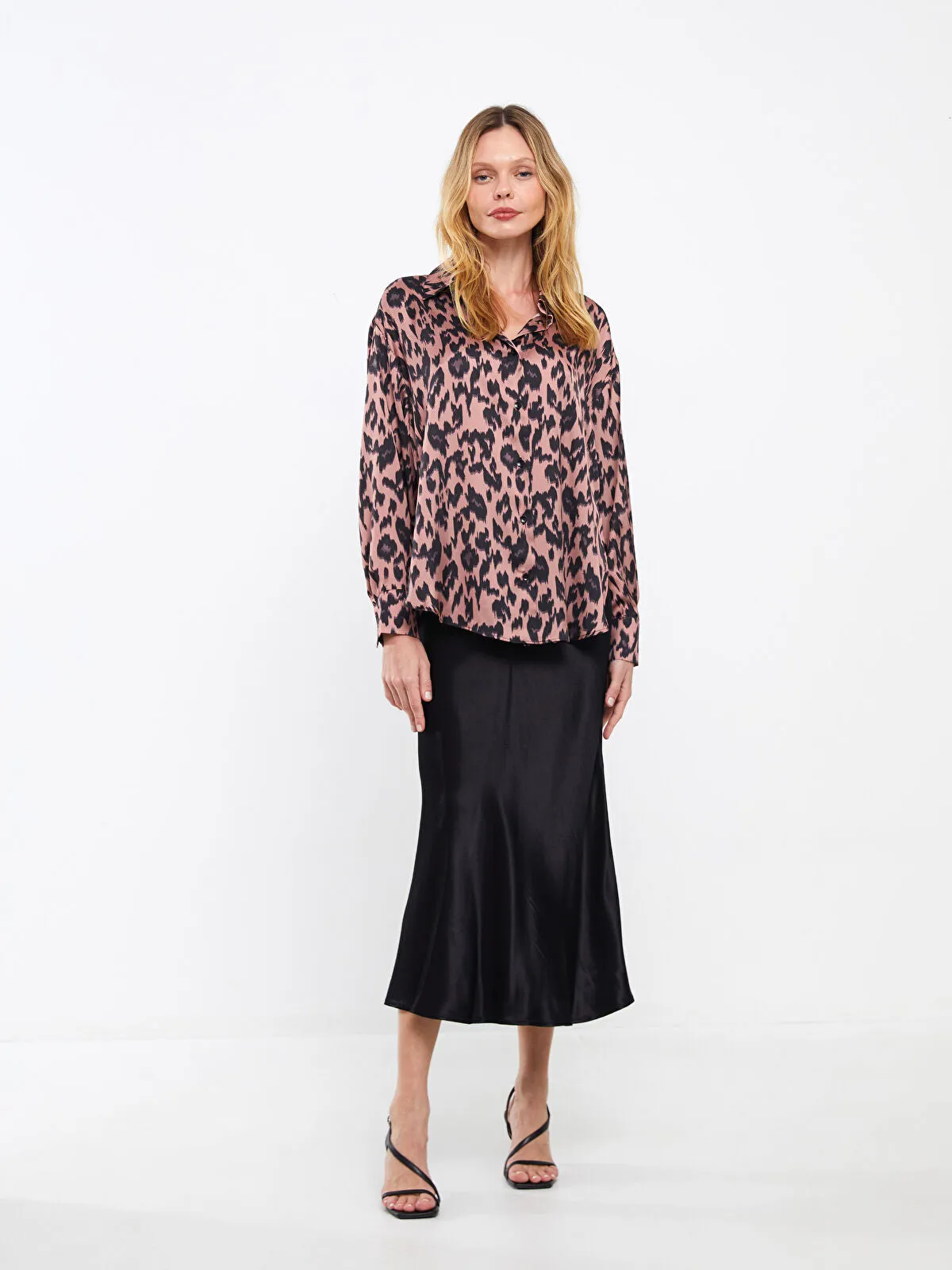 LCW Vision Patterned Long Sleeve Oversize Women's Satin Shirt