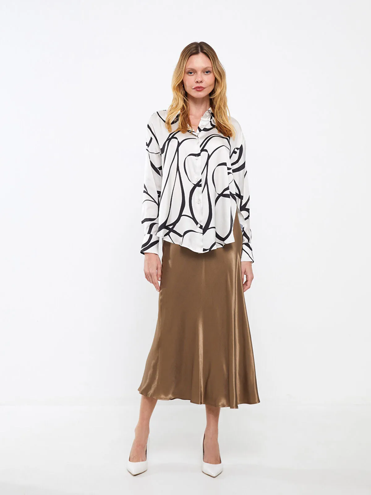 LCW Vision Patterned Long Sleeve Oversize Women's Satin Shirt