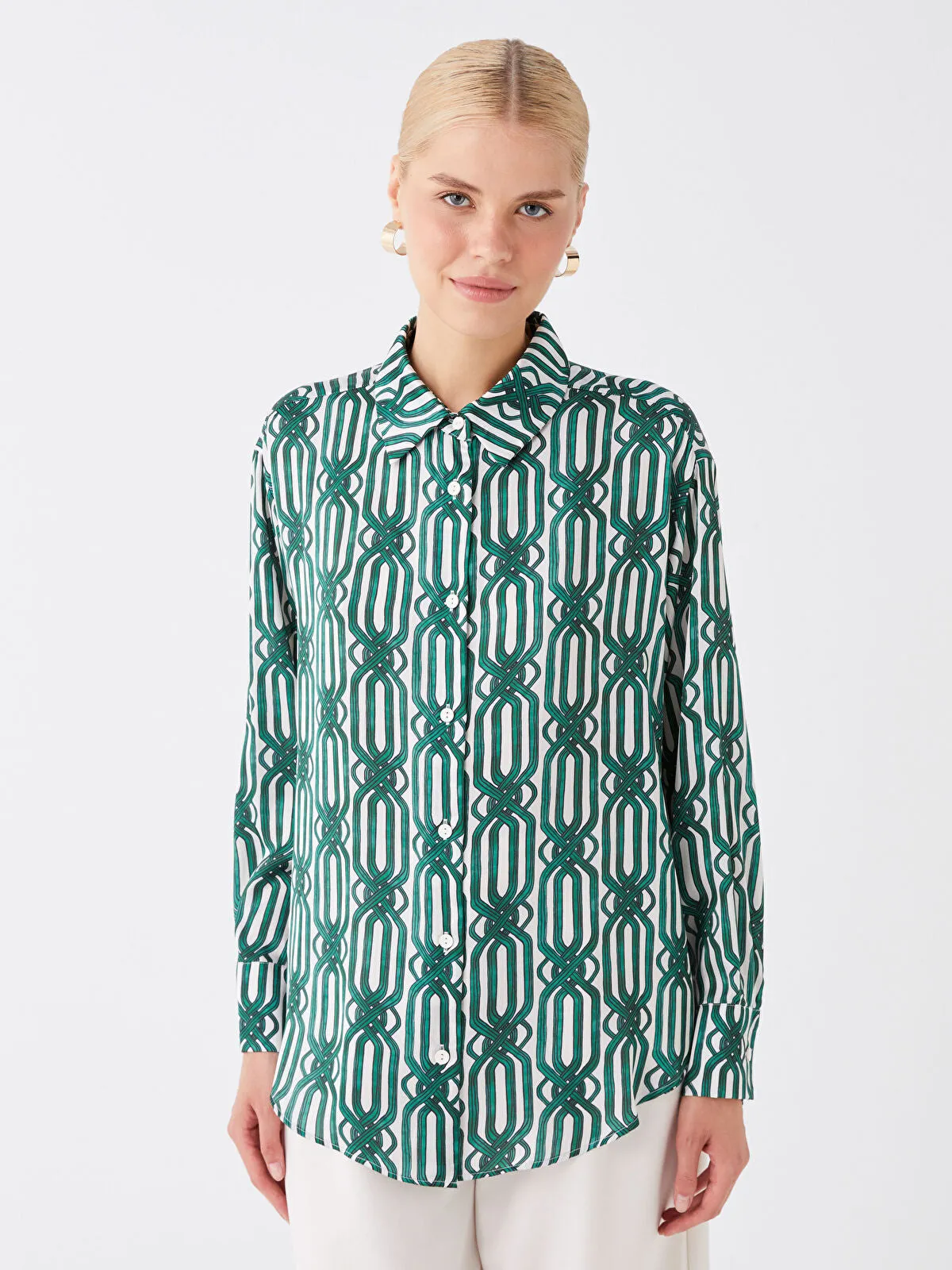 LCW Vision Patterned Long Sleeve Oversize Women's Satin Shirt