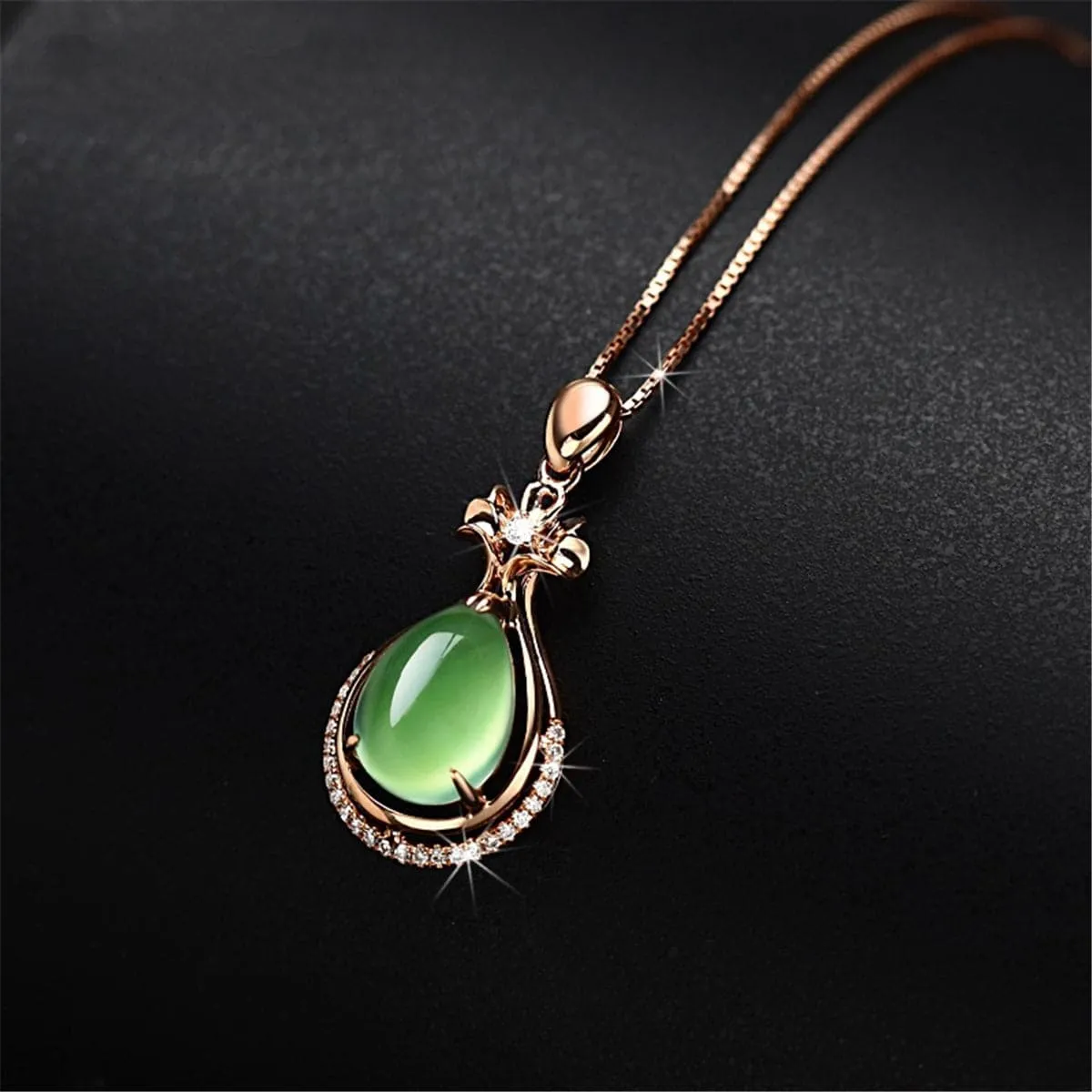 Light Green Jade & Cubic Zirconia Teardrop Pendant Necklace
