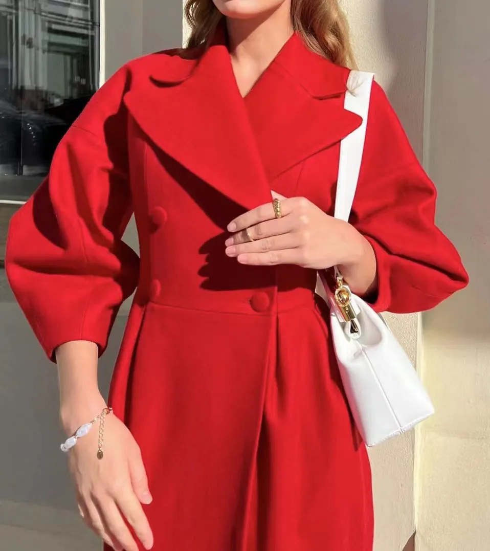Luxe Aura™ | Women's Lantern Sleeve Long Coat | Stylish Design, Collared Neck, Lightweight Fabric
