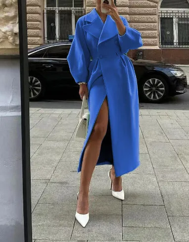 Luxe Aura™ | Women's Lantern Sleeve Long Coat | Stylish Design, Collared Neck, Lightweight Fabric