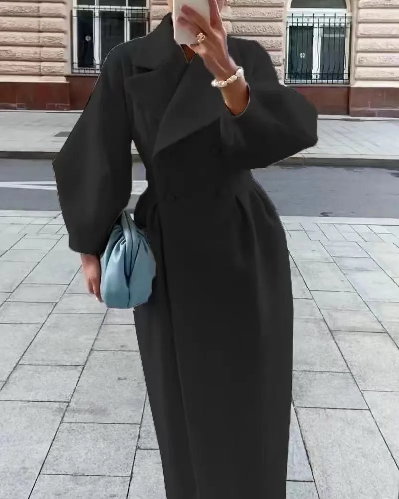 Luxe Aura™ | Women's Lantern Sleeve Long Coat | Stylish Design, Collared Neck, Lightweight Fabric