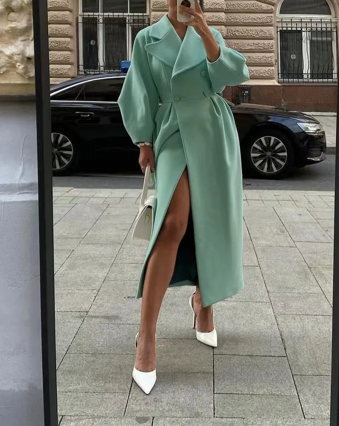 Luxe Aura™ | Women's Lantern Sleeve Long Coat | Stylish Design, Collared Neck, Lightweight Fabric