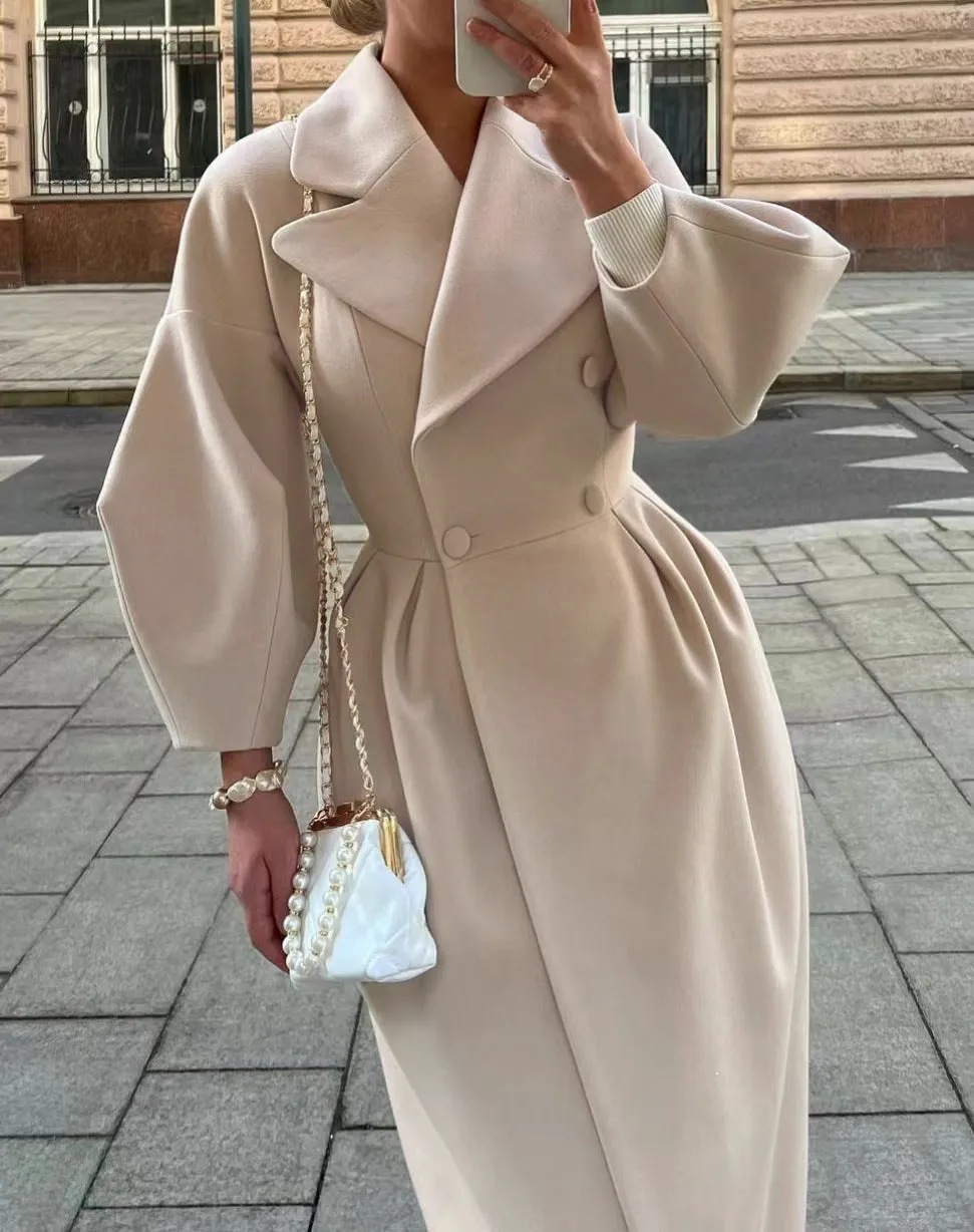 Luxe Aura™ | Women's Lantern Sleeve Long Coat | Stylish Design, Collared Neck, Lightweight Fabric