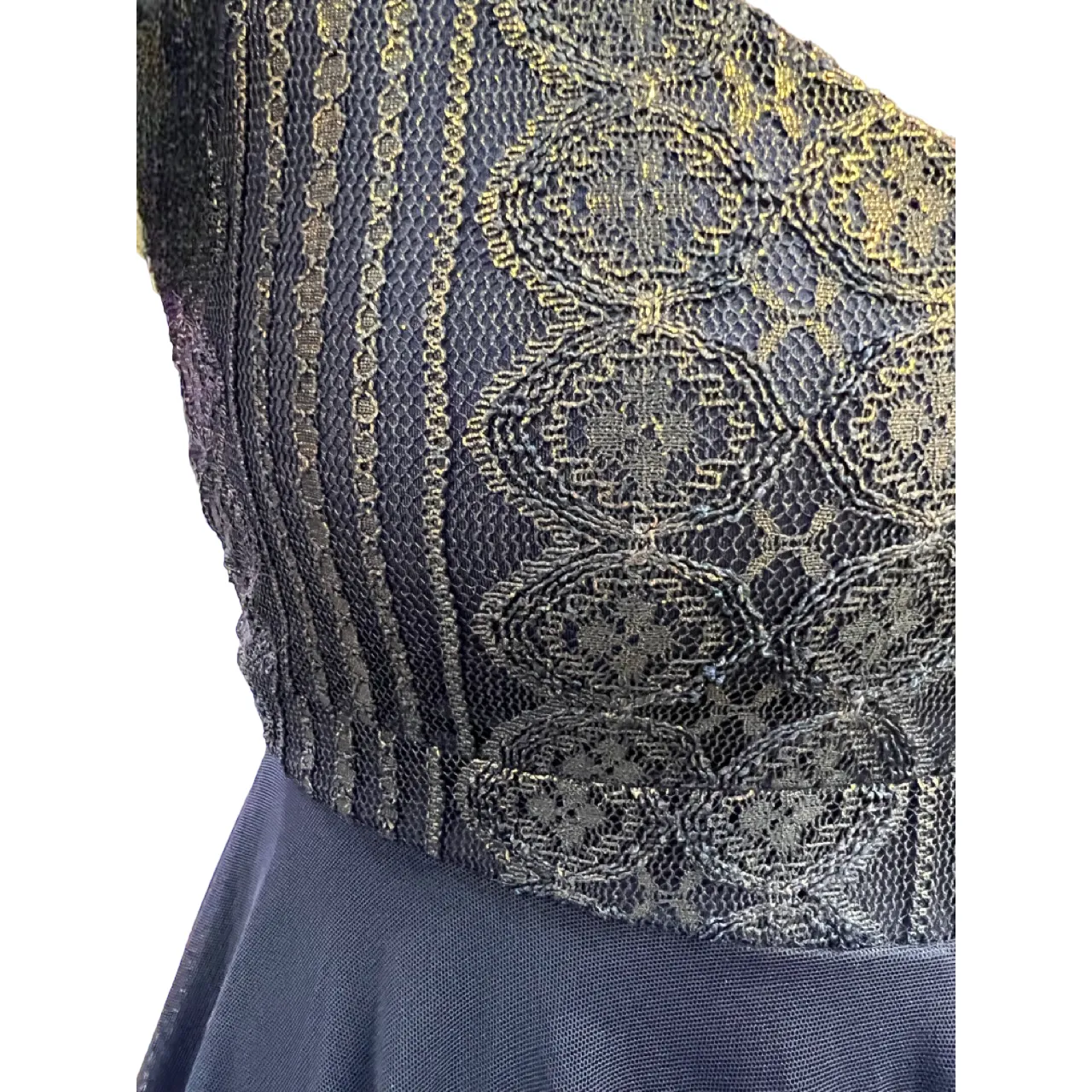 Lyrical Blue Mesh Dress With Gold Brocade